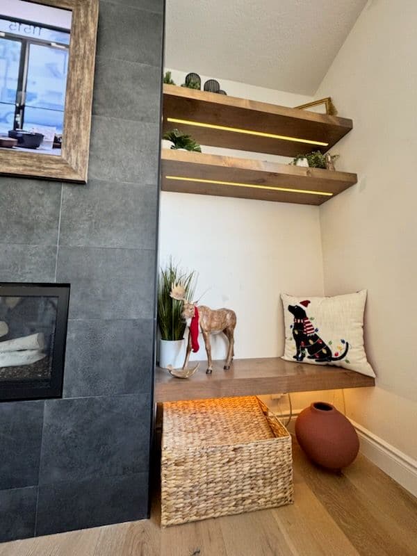 Custom Living Room Transformation with Fireplace and LED Shelves